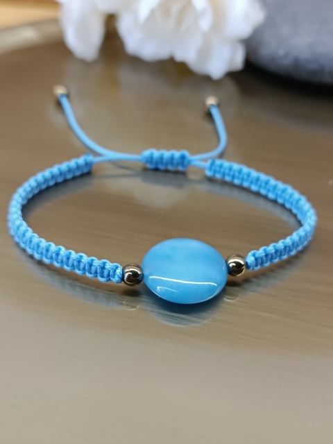 Bransoletka Makrama z Naturalnym Chalcedonem i Złotym Hematytem. Regulowana. Handmade