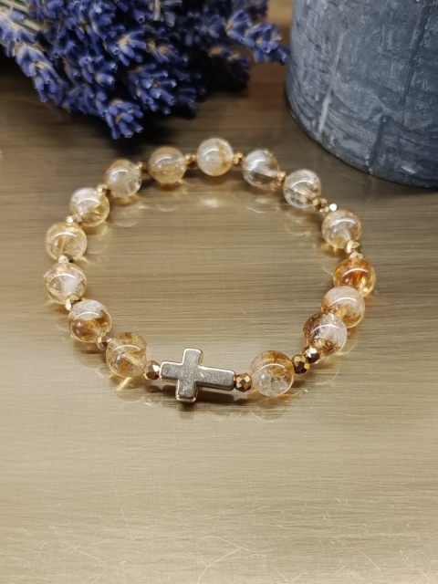 Bransoletka Różaniec . Cytryn, złoty hematyt i krzyżyk