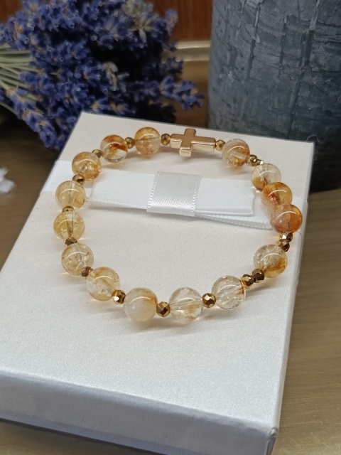 Bransoletka Różaniec . Cytryn, złoty hematyt i krzyżyk