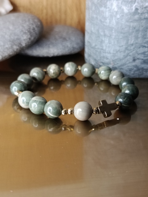Bransoletka Różaniec na rękę . Jaspis Morski i Hematyt