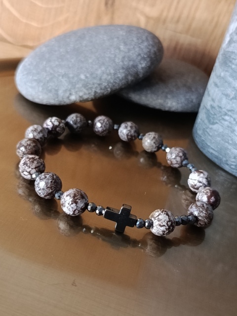 Bransoletka Różaniec na rękę . Obsydian brązowy i Hematyt