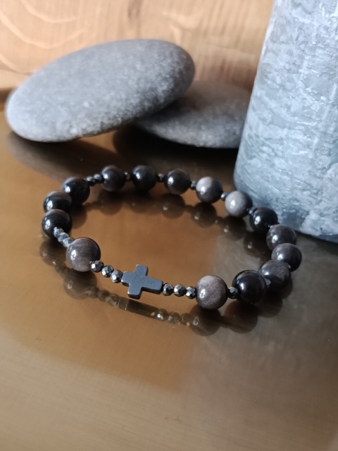 Bransoletka Różaniec na rękę . Obsydian i Hematyt