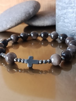 Bransoletka Różaniec na rękę . Obsydian i Hematyt