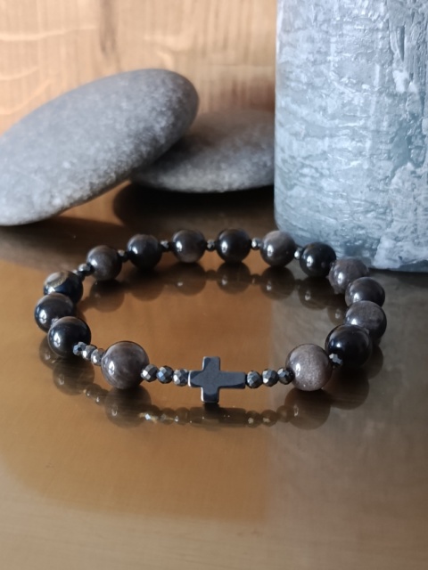 Bransoletka Różaniec na rękę . Obsydian i Hematyt