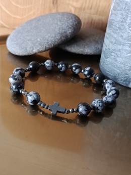 Bransoletka Różaniec na rękę . Obsydian śnieżny i Hematyt