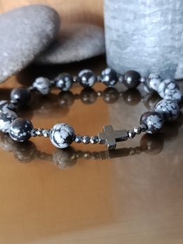 Bransoletka Różaniec na rękę . Obsydian śnieżny i Hematyt