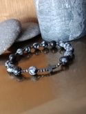 Bransoletka Różaniec na rękę . Obsydian śnieżny i Hematyt