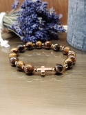 Bransoletka-różaniec Tiger Faith. Tygrysie oko, złoty hematyt i krzyżyk