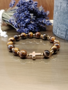 Bransoletka-różaniec Tiger Faith. Tygrysie oko, złoty hematyt i krzyżyk