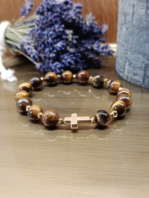 Bransoletka-różaniec Tiger Faith. Tygrysie oko, złoty hematyt i krzyżyk