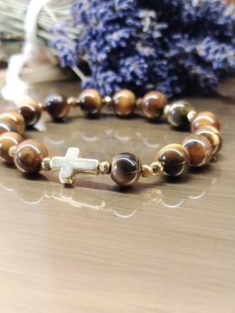 Bransoletka-różaniec Tiger Faith. Tygrysie oko, złoty hematyt i krzyżyk