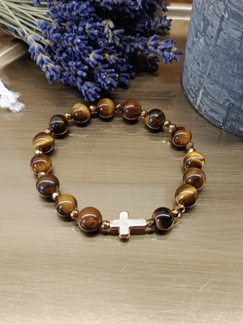 Bransoletka-różaniec Tiger Faith. Tygrysie oko, złoty hematyt i krzyżyk