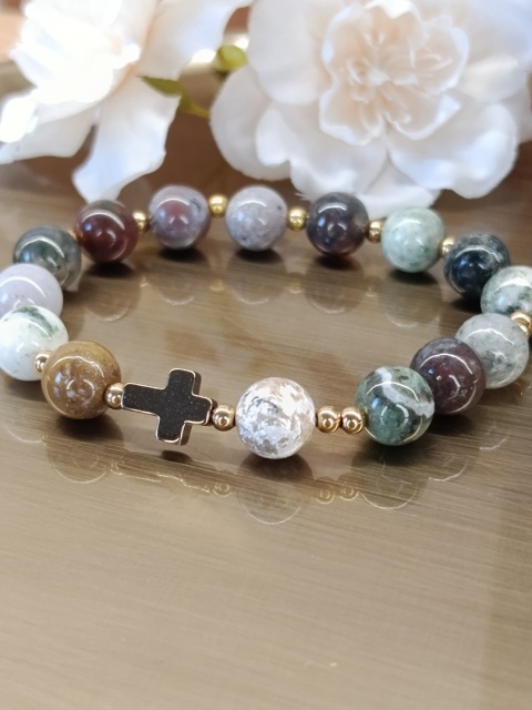 Bransoletka różaniec z agatu indyjskiego. Jedna dziesiątka, stal w kolorze złotym lub srebrnym