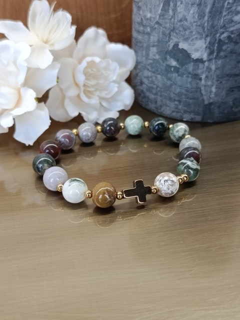 Bransoletka różaniec z agatu indyjskiego. Jedna dziesiątka, stal w kolorze złotym lub srebrnym