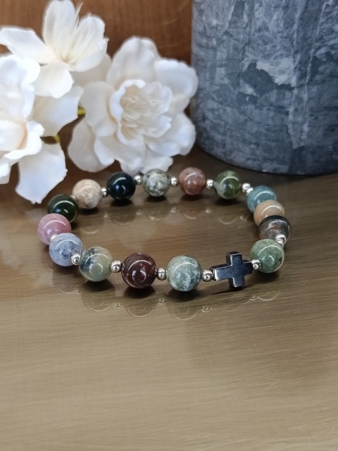 Bransoletka różaniec z agatu indyjskiego. Jedna dziesiątka, stal w kolorze złotym lub srebrnym