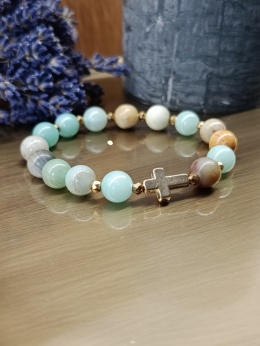 Bransoletka różaniec z amazonitu. Jedna dziesiątka, hematyt fasetowany złoty