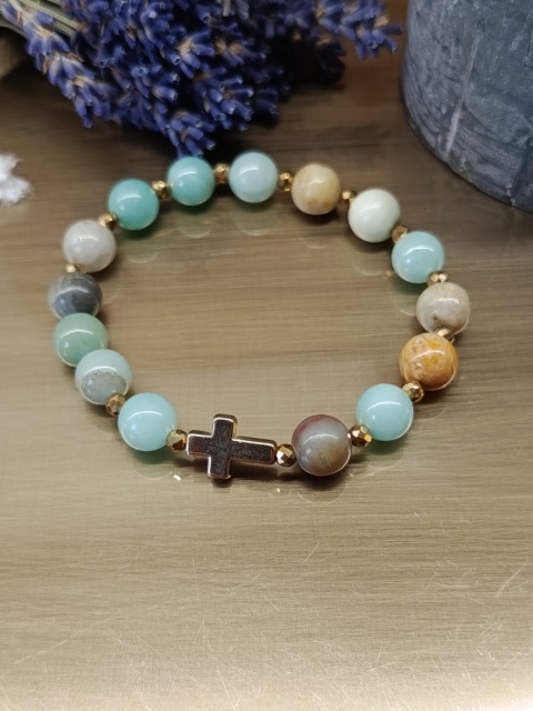 Bransoletka różaniec z amazonitu. Jedna dziesiątka, hematyt fasetowany złoty