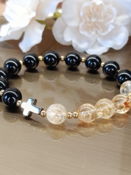 Bransoletka różaniec z cytrynu i czarnego turmalinu. Jedna dziesiątka, krzyżyk stalowy