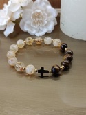 Bransoletka różaniec z cytrynu i tygrysiego oka. Na gumce, krzyżyk stalowy