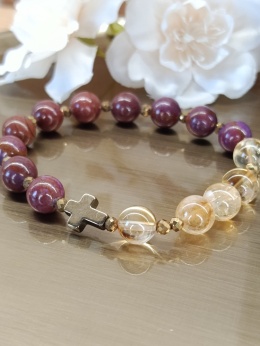 Bransoletka różaniec z jaspisu morskiego i cytrynu. Jedna dziesiątka, hematyt fasetowany