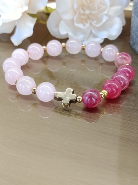 Bransoletka różaniec z kwarcu różowego i turmalinu różowego. Jedna dziesiątka, stal złota