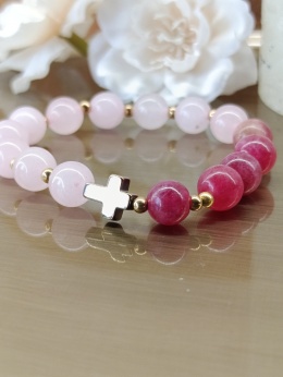 Bransoletka różaniec z kwarcu różowego i turmalinu różowego. Jedna dziesiątka, stal złota