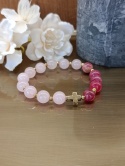Bransoletka różaniec z kwarcu różowego i turmalinu różowego. Jedna dziesiątka, stal złota