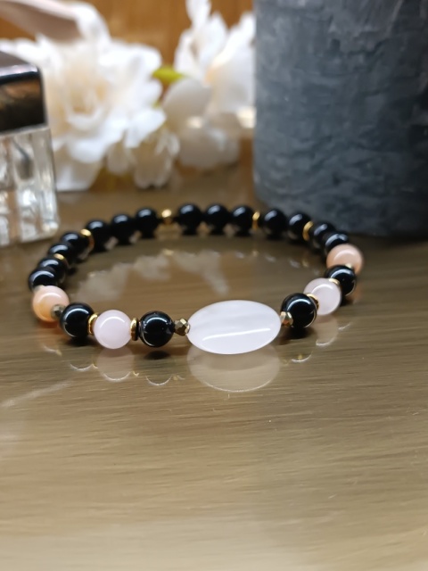 Czarna Harmonia Bransoletka z czarnym turmalinem kwarcem różowym kamieniem słonecznym i hematytem
