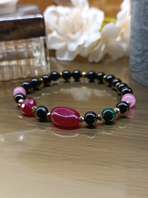 Karmazynowa Równowaga Bransoletka z czarnym turmalinem różowym turmalinem czerwonym chalcedonem malachitem i hematytem