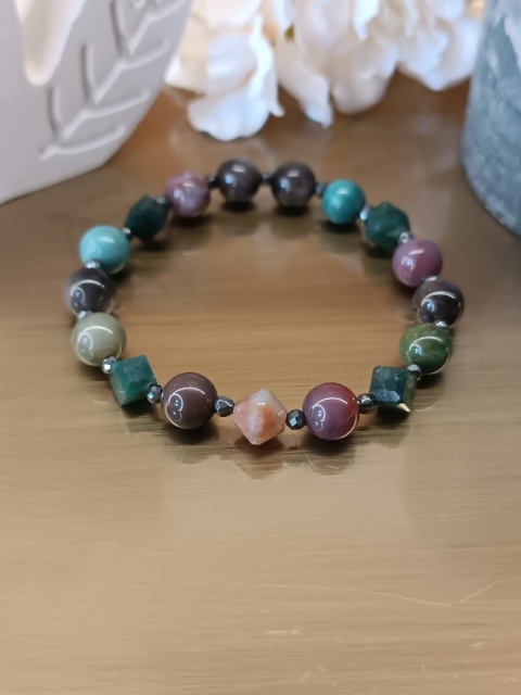 Kolory Spokoju, bransoletka z agatu indyjskiego, agatu i srebrnego hematytu