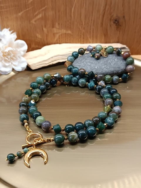 Komplet z Agatu Indyjskiego i Złotego Hematytu. Naszyjnik Lunula plus Bransoletka Handmade