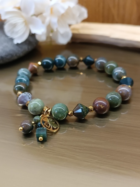 Komplet z Agatu Indyjskiego i Złotego Hematytu. Naszyjnik Lunula plus Bransoletka Handmade