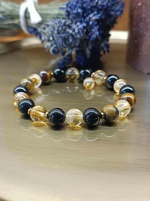 Moc Słońca. Bransoletka z tygrysim okiem, czarnym turmalinem, cytrynem i złotym hematytem