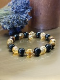 Moc Słońca. Bransoletka z tygrysim okiem, czarnym turmalinem, cytrynem i złotym hematytem