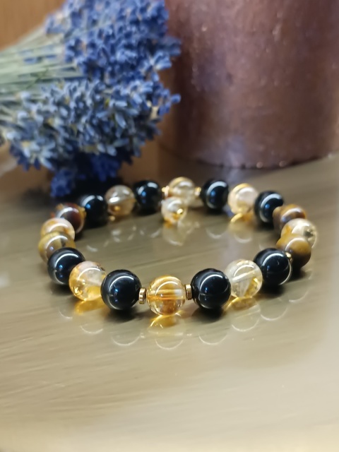 Moc Słońca. Bransoletka z tygrysim okiem, czarnym turmalinem, cytrynem i złotym hematytem