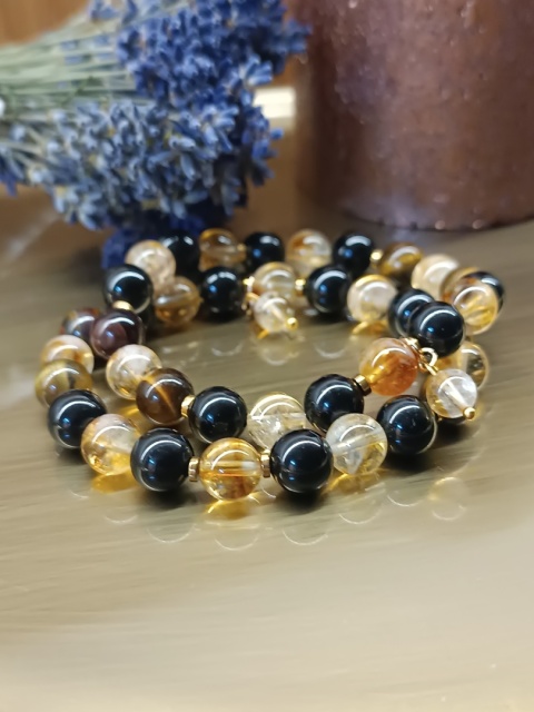 Moc Słońca. Bransoletka z tygrysim okiem, czarnym turmalinem, cytrynem i złotym hematytem