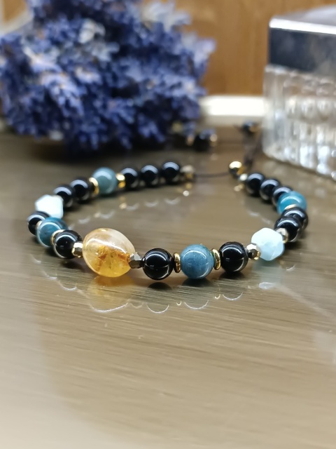 Niebieska Harmonia Bransoletka z czarnym turmalinem niebieskim turmalinem apatytem cytrynem i hematytem
