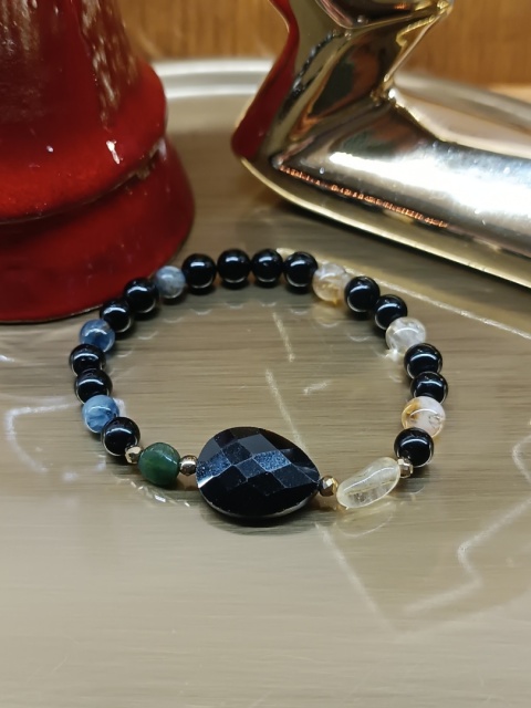 Równowaga i Klarowność. Bransoletka z czarnym turmalinem, cytrynem, agatem, apatitem i hematytem