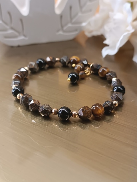 Uziemienie i Moc, bransoletka z bronzytem, turmalinem i tygrysim okiem