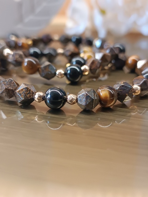 Uziemienie i Moc, bransoletka z bronzytem, turmalinem i tygrysim okiem