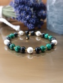 Zielona Harmonia. Bransoletka z malachitem, turmalinem, perłą majorka i hematytem