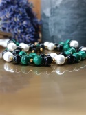 Zielona Harmonia. Bransoletka z malachitem, turmalinem, perłą majorka i hematytem