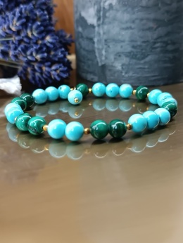 Zielono turkusowa Harmonia. Bransoletka z malachitu, turkusu i złotego hematytu