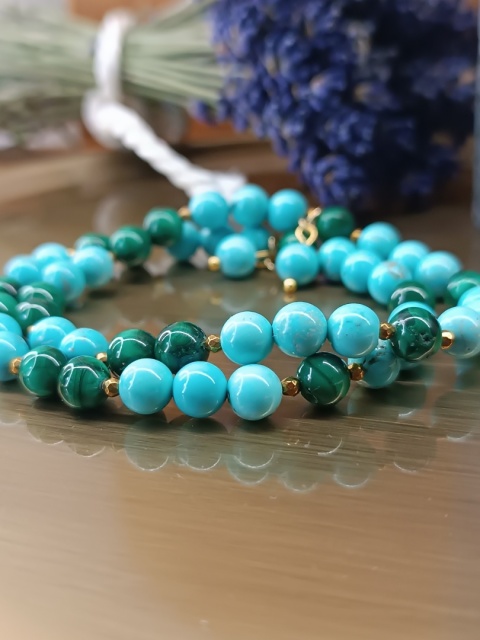 Zielono turkusowa Harmonia. Bransoletka z malachitu, turkusu i złotego hematytu