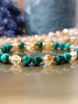 Zielony Blask. Bransoletka z malachitem, cytrynem i złotym hematytem