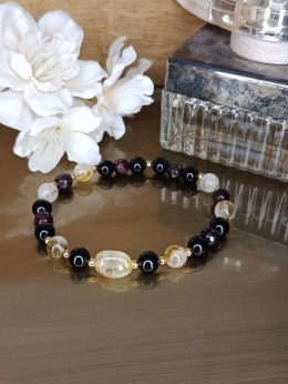 Złota Ochrona Bransoletka z czarnym turmalinem cytrynem i granatem. Srebro AG 925 pozłacane